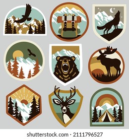 Hand drawn vector vintage patches. Woodland illustration.