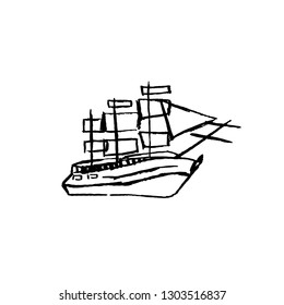 Hand drawn vector vintage sailing ship in the sea.