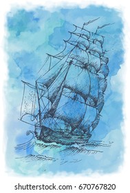 Hand drawn vector vintage sailing ship in the sea. Watercolor sketch.