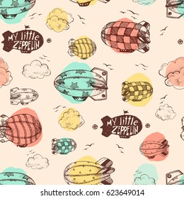 Hand drawn vector vintage seamless pattern with cute little airchips with strips, stars, dots and squares in the sky. Zeppelin, birds and clouds.