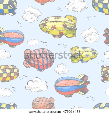 Hand drawn vector vintage seamless pattern with cute little airchips with strips, stars, dots and squares in the sky. Zeppelin, birds and clouds.