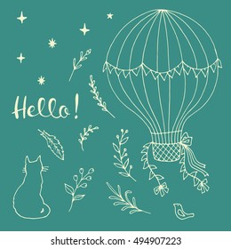 Hand drawn vector vintage set. Air balloon, bird, stars, plants and cat