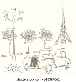 Hand drawn vector vintage street scene with yellow taxi car and Tour Eiffel. Retro wall decoration.