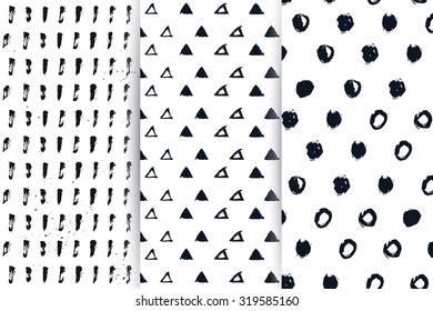 Hand drawn vector vintage texture. 3 seamless patterns with geometric elements and stains from ink.