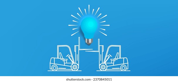 Hand drawn vector warehouse small forklifts with raised forks. 3d glowing blue light bulb. New idea. Warehouses and logistics.