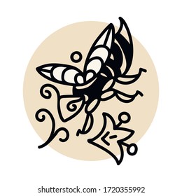 Hand drawn vector wasp. Doodle illustration with decorative elements on yellow.