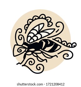 Hand drawn vector wasp. Doodle illustration with decorative elements on yellow.