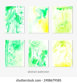 Hand drawn vector watercolor abstract background in bright green and yellow color with drops and stains. Eco bio design, poster template.