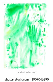 Hand drawn vector watercolor abstract background in bright green color with drops and stains.