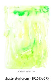 Hand drawn vector watercolor abstract background in bright green color with drops and stains. Eco bio design, poster template.