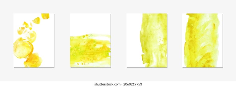 Hand drawn vector watercolor abstract background in bright yellow color with drops and stains. Eco bio design, poster cards template.