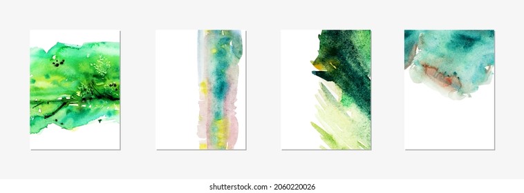 Hand drawn vector watercolor abstract background in bright green color with drops and stains. Eco bio design, poster cards template.