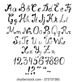 Hand drawn vector watercolor alphabet, numbers and punctuations for design