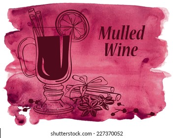 Hand drawn vector watercolor background with mulled wine and spices
