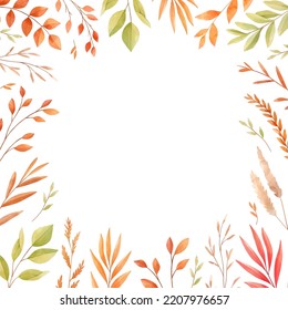 Hand drawn vector watercolor illustration. Fall leaves. Botanical frame with leaves, flowers, herbs, branches. Dry florals. Autumn Floral Design elements. Perfect for wedding invitation, card, print