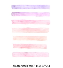 Hand drawn vector watercolor set of brushstrokes of yellow, pink and purple colors isolated on the white background. Pastel brush textures for your design.