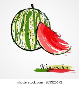 Hand drawn vector watermelon ripe fruit slice, piece, on light background