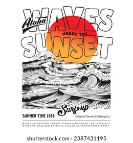 Hand drawn vector waves artwork , Aloha waves under the sunset slogan, line art, t-shirt design, sweatshirt, anf graphic tee for surf up summer time vibes, hand drawn retro vintage beach print