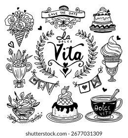 Hand drawn vector wedding doodles set for invitation cards.