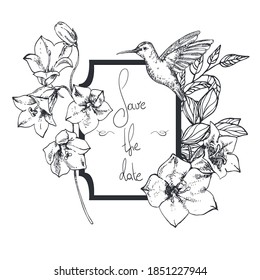 Invitación de boda vector dibujada a mano, guardar la fecha, gracias, tarjeta rsvp. Plantilla de diseño. Bellflower, azul, campanula