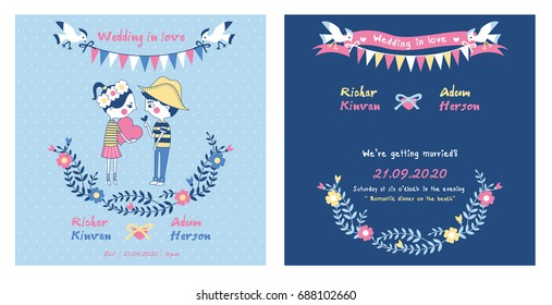Hand drawn vector Wedding and marriage cute couple cartoon design card, floral wreath, illustration , vector