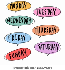 Hand Drawn Vector Of Week : Monday, Tuesday, Wednesday, Thursday, Friday, Saturday And Sunday. 