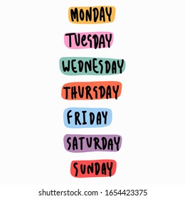 Hand Drawn Vector Of Week : Monday, Tuesday, Wednesday, Thursday, Friday, Saturday And Sunday. 