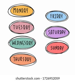 Hand drawn vector of week : Monday, Tuesday, Wednesday, Thursday, Friday, Saturday and Sunday.