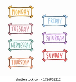 Hand drawn vector of week : Monday, Tuesday, Wednesday, Thursday, Friday, Saturday and Sunday.