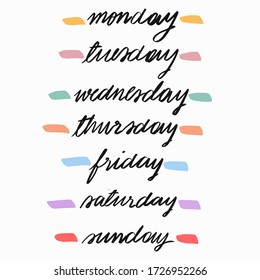 Hand drawn vector of week : Monday, Tuesday, Wednesday, Thursday, Friday, Saturday and Sunday.