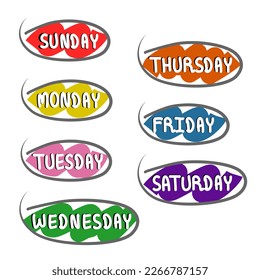 vector dibujado a mano de la semana: Lunes, martes, miércoles, jueves, viernes, sábado y domingo.