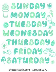 Hand drawn vector weekdays and elements for notebook, diary, calendar, schedule, sticker, bullet journal, and planner. Cute doodle days of the week set isolated on white background. 