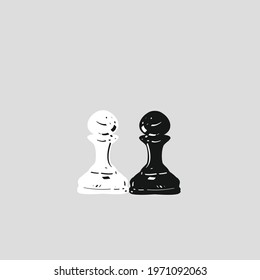 Hand drawn vector; White and Black chess pieces  (Pawn) isolated on gray background