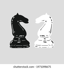 Hand drawn vector; White and Black chess pieces  (Knight) isolated on gray background
