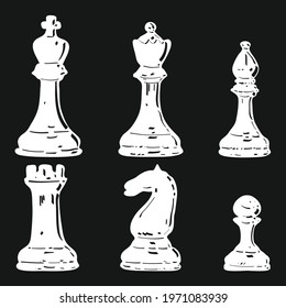 Hand drawn vector; White chess pieces set (King, Queen, Knight, Rook, Bishop, Pawn) isolated on black background