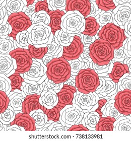 Hand drawn vector white and red roses seamless pattern. Abstract delicate floral ornament.