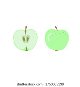 Vector dibujado a mano todo verde manzana y manzana de corte sobre fondo blanco.