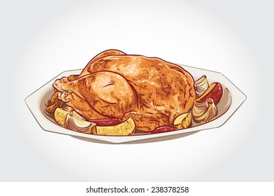 Hand drawn vector whole roasted chicken with vegetables on a plate.