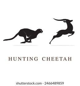 Hand drawn vector wild life, Vector silhouette of hunting Cheetah, A predator hunting deer illustration