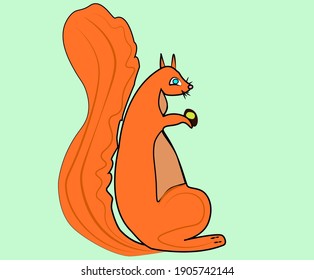 Hand drawn vector wildlife squirrel with nut on the green background.