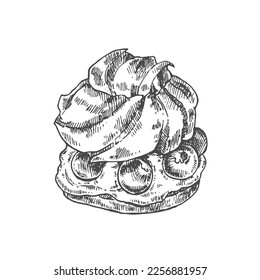 Hand drawn vector windbeutel illustration. German national profiteroles or bigne dessert image. Puff pastry filled with cream template for menu, ad, design