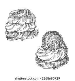 Hand drawn vector windbeutel illustration. German national profiteroles or bigne dessert image. Puff pastry filled with cream template for menu, ad, design