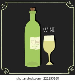 Hand drawn vector wine icon, white wine and glass on chalkboard.