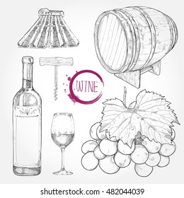 Hand drawn vector wine set. Vector illustration of wine glass, grapes, farm grape, wine barrel.