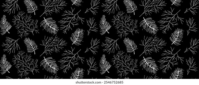 Hand drawn vector winter  branches with  pine and fir branches, vector evergreen plant, Christmas tree and pine branch. Black silhoettes islated on white backgrond. Winter nature illustration
