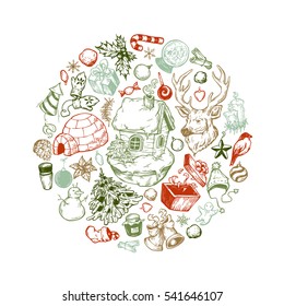Hand drawn vector winter and christmas elements in round composition. Winter symbols in circle. Christmas greeting card. 