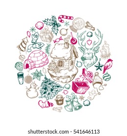 Hand drawn vector winter and christmas elements in round composition. Winter symbols in circle. Christmas greeting card. 