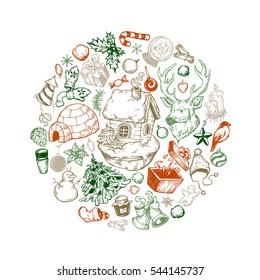 Hand drawn vector winter and christmas elements in round composition. Winter symbols in circle. Christmas greeting card. 