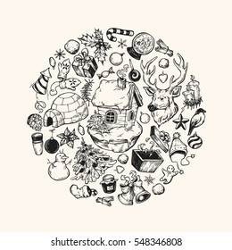 Hand drawn vector winter and christmas elements in round composition. Winter symbols in circle. Christmas greeting card. 