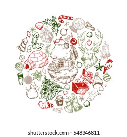 Hand drawn vector winter and christmas elements in round composition. Winter symbols in circle. Christmas greeting card. 